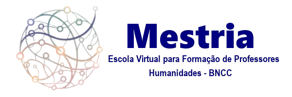Logomarca composta por circulo com fios interconectados e o seguinte texto: mestria, escola de formação de professores humanidades bncc